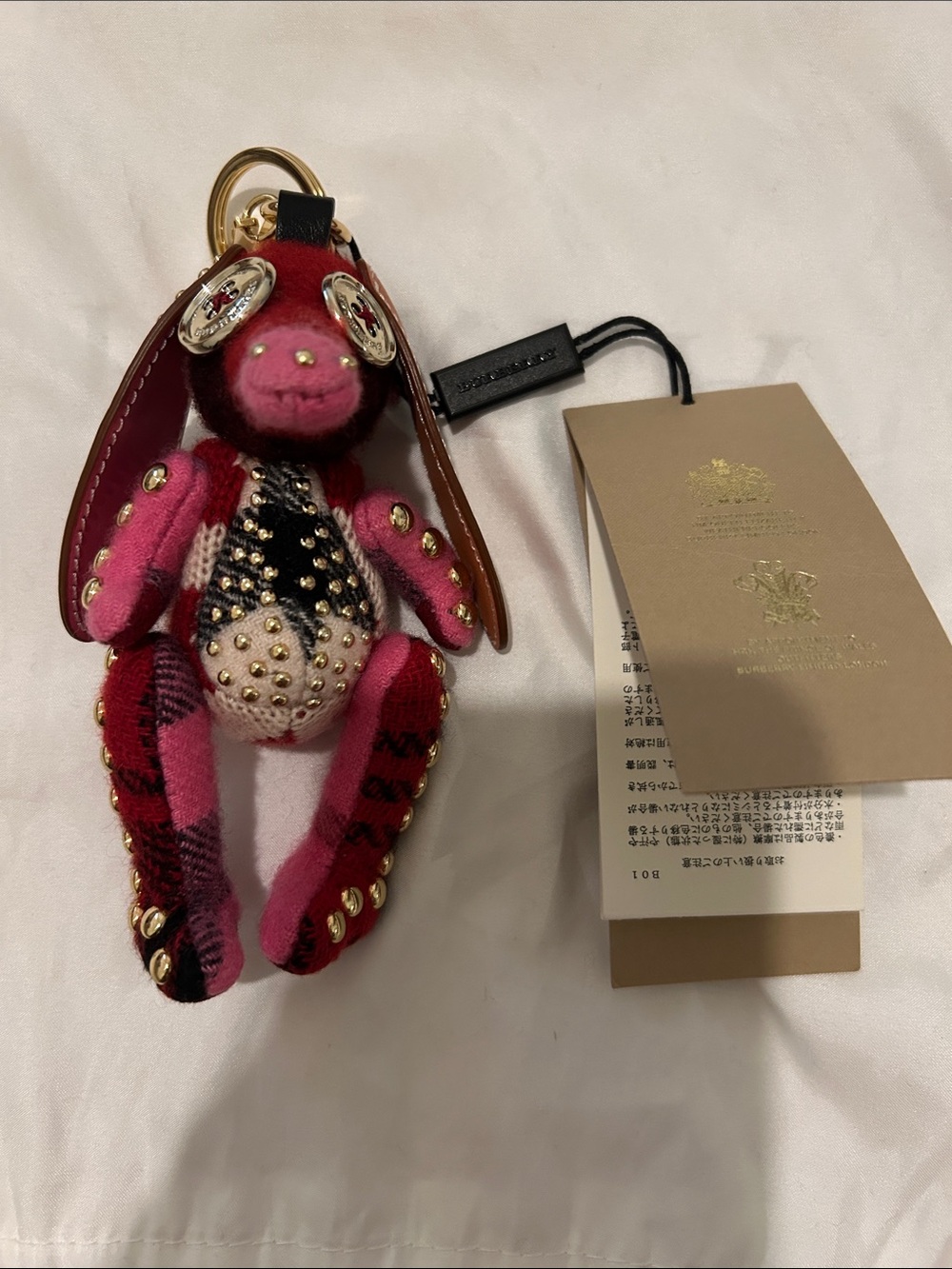 Burberry Pink and Red Studded Plush Bunny Key Charm